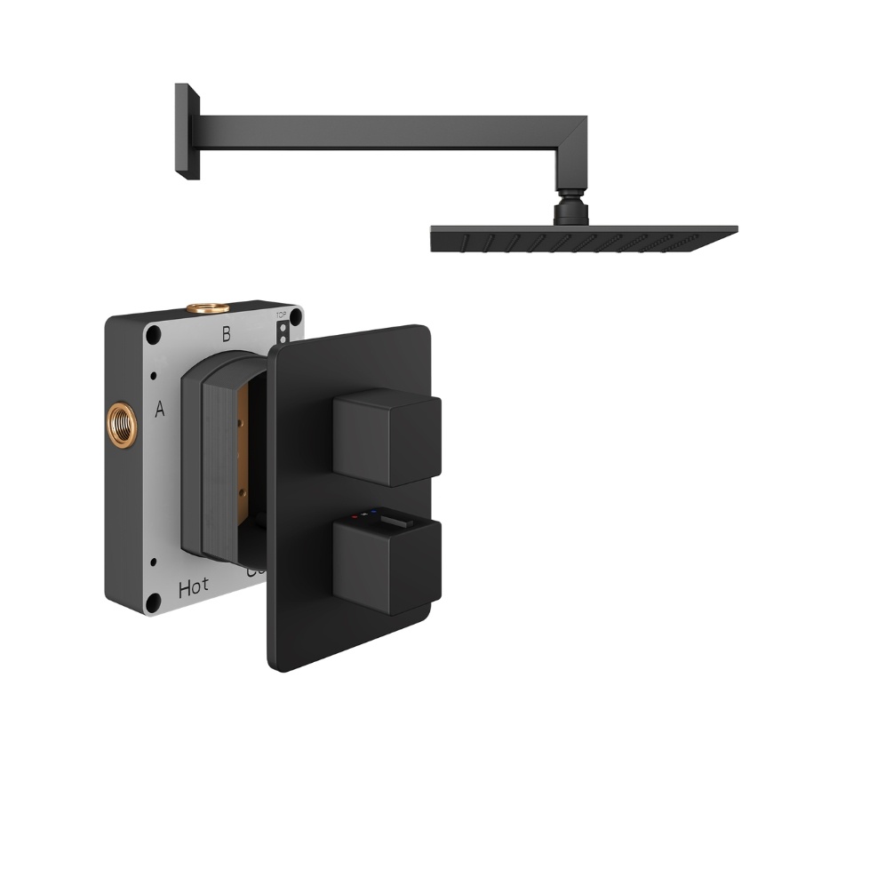 Product Cut out image of the Abacus Square Matt Black 1 Outlet Shower Pack with Fixed Shower Head